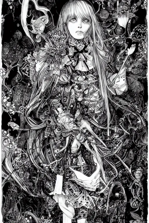 Image similar to Emo Alice in wonderland tarot card , pen and ink, intricate line drawings, by Yoshitaka Amano, Ruan Jia, Kentaro Miura, Artgerm, watercolor