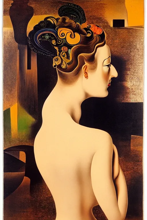 Prompt: beautiful woman by salvador dali, intricated details, 3 / 4 back view, hair styled in a bun, bendover posture, full body portrait, bright design, drips, autumn lights