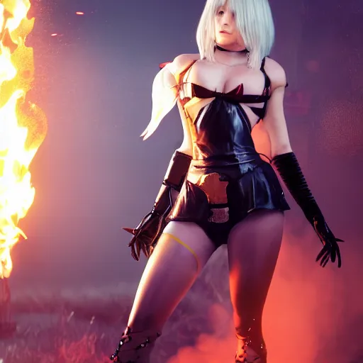 Prompt: photo of Harley Quinn as 2B nier automata, fire in background, bokeh, medium full shot, highly detailed skin and detailed face, artstation, artstation HQ, hd, 4k resolution