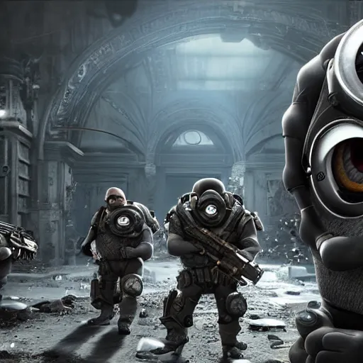 Image similar to Minions from ((Despicable Me)) in 'Gears of War', splash art, movie still, cinematic lighting, detailed face, dramatic, octane render, long lens, shallow depth of field, bokeh, anamorphic lens flare, 8k, hyper detailed, 35mm film grain