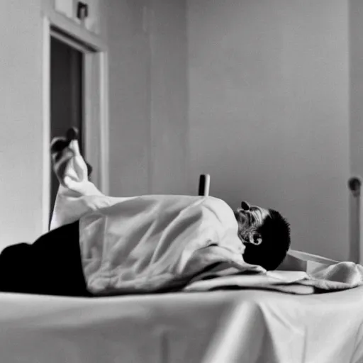 Prompt: hd professional medical photograph of a man lying in a hospital gurney, possessed by a dybbuk. he is screaming and flailing and twisting and spasming