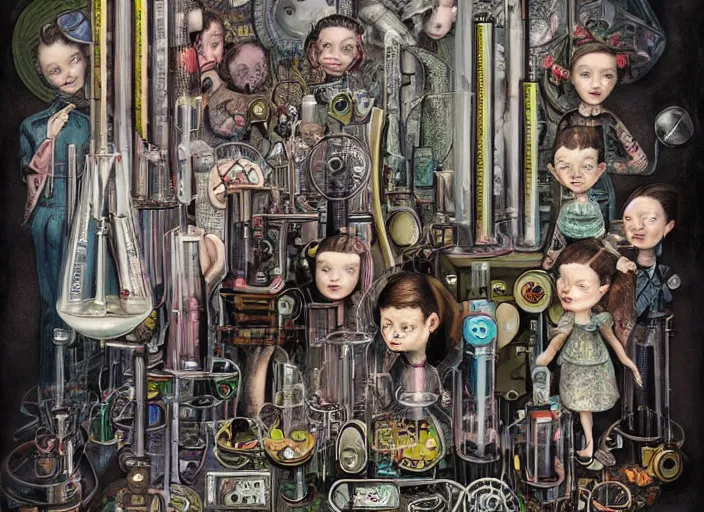 Image similar to a portrait of an inventor, test tubes, strange machines, electronics, lowbrow in the style of mark ryden and daniel merriam,