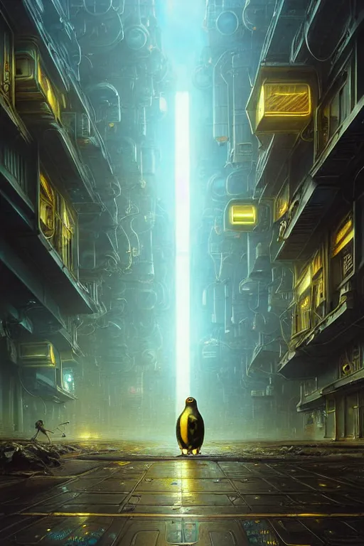 Prompt: A solarpunk very highly detailed Anthropomorphic cybertronic penguin with very highly detailed face on the street of a very highly detailed solarpunk sci-fi city digital rational painting art by Greg Rutkowski, sci-fi highly detailed, digital concept art, Dimensional cyan gold natural light, sharp focus, Golden Ratio illustration, realistic concept art by Stephen Hickman and James Gurney and Hiromasa Ogura Ghost in the Shell rendered in VRAY, From the distance