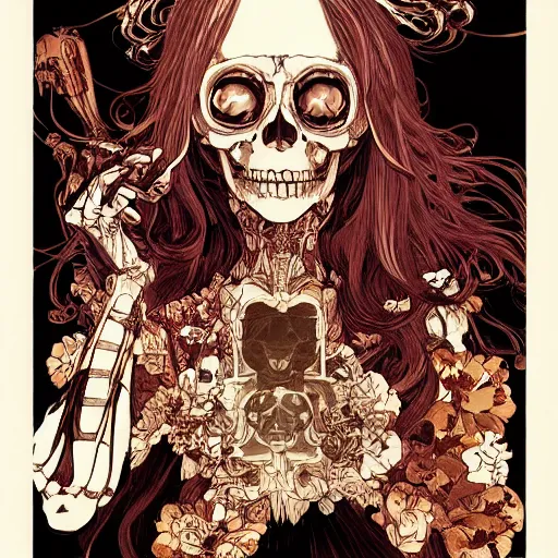 Prompt: anime manga skull portrait girl female skeleton illustration sunset art Geof Darrow and Ashley wood and Ilya repin and alphonse mucha pop art nouveau