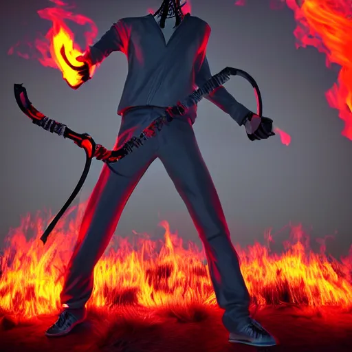 Image similar to a neon grim reaper in hells graveyard, amazing fire art, ray tracing, realistic fire sharp focus, long shot, 8 k resolution, cinematic