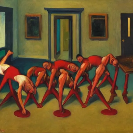 Prompt: twenty dwarves took turns doing handstands on the carpet, pj crook, edward hopper, oil on canvas