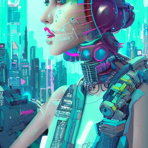 Image similar to comic book illustration, a portrait of a cybernetic raver girl, cyberpunk concept art by josan gonzales and wlop, highly detailed, intricate, sci-fi, sharp focus, Trending on Artstation HQ, deviantart