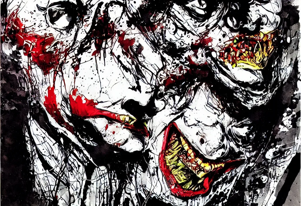 Image similar to The Joker facing off against Batman, by Ralph Steadman, highly detailed, sharp focus