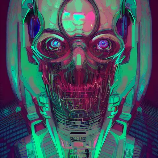 Prompt: digital portrait painting of a cyberpunk eldritch abomination by Dan Mumford, hyperdetailed, trending on Artstation