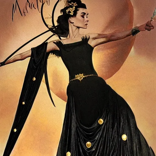 Image similar to an extremely detailed matte painting audrey hepburn as a powerfull sorceress in a resplendent black dress with gold and crimson trim and a long leg slit, in the style of magic the gathering, 8 k, sharp focus, detailed face, art by john collier and albert aublet and krenz cushart and artem demura and alphonse mucha