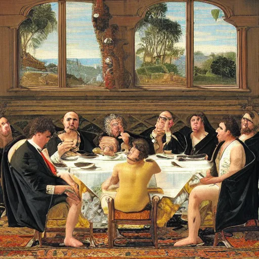 Prompt: Gary Neuman dines on grape-sized pineapples, at his feet huddle his court of penguins eager to try one, the room is raucous and joyful, in the style of a tapestry.