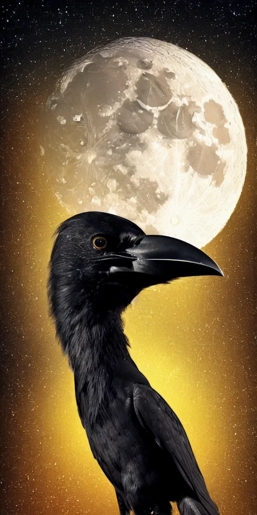 Image similar to close up portrait, crow in front of the full big moon, fantasy digital art, high definition, 8k, high details, high quality, golden and silver colors