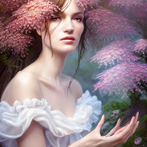 Image similar to a picture of a beautiful woman in a white organza dress and covered in flowers and leaves sitting overlooking an enchanted forest, high fantasy, elegant, epic, detailed, intricate, digital painting, concept art, realistic detailed face, smooth, focus, rim light, detailed 8 5 mm f / 1. 4, anamorphic lens,