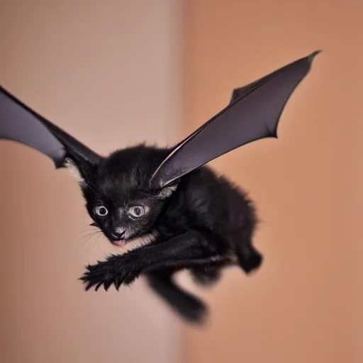 Prompt: a bat kitten, in flight, Nikon, telephhoto