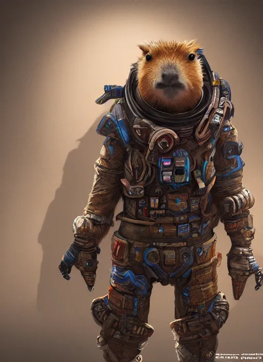 Prompt: detailed full body concept art illustration oil painting of an anthropomorphic capybara space pirate in full intricate armor, biomutant, dystopian, ultra detailed, digital art, octane render