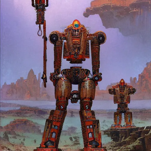 Prompt: elaborate mayan art deco mecha in mesa landscape by j. c. leyendecker, bosch, and beksinski