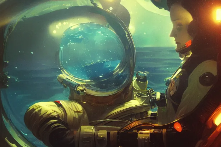 Prompt: astronaut underwater in the ocean at night, volumetric lighting, glowing lights, 4k, octane, digital painting, artstation, concept art, sharp focus, illustration, art by artgerm and greg rutkowski and alphonse mucha