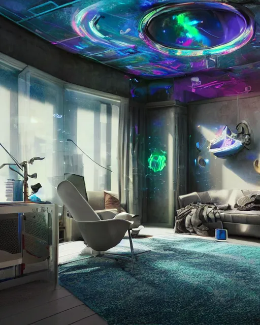 Prompt: artstation scifi scene of a safe room as ikea ad, lounge furniture, sky mural on the room ceiling, holographic glitchart walls, windows, large terrarium, paneled walls, unreal engine 5, hyper realism, realistic shading, cinematic composition, blender render, octane render, hdr, detailed textures, photorealistic, wide shot