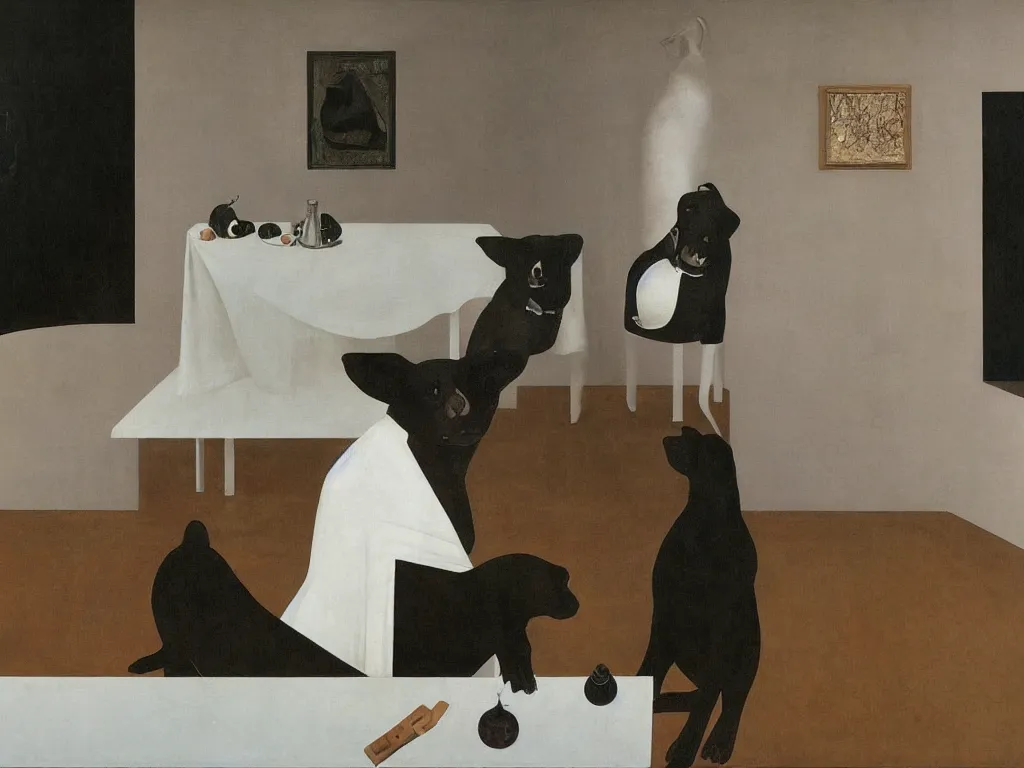 Image similar to Black dog, table, white dress. Alex Colville, Piero della Francesca