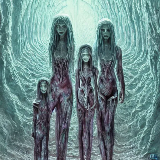 Image similar to painting of a creepy family wearing long robes, highly detailed, intercrossed humans, mixed animal, in a beautiful crystal caverine, by giger, zdzislaw beksinski, frank frazette, cold hue's, amazing colorful background, digital art, concept art, animal painting, beautiful composition 3 - d 4 k,