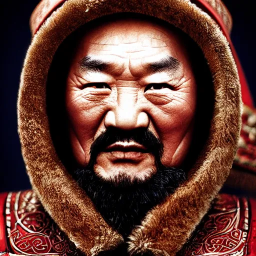 Image similar to Photo of Genghis Khan, close-up, high detail, studio, ominous background, smoke, by Martin Schoeller