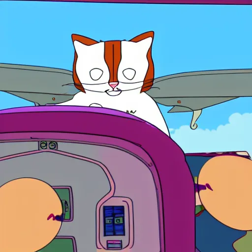 Image similar to cute cat flying in a small propeller plane, award winning digital art, screenshot from family guy