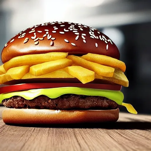 Prompt: an ad from macdonalds of a gold themed burger