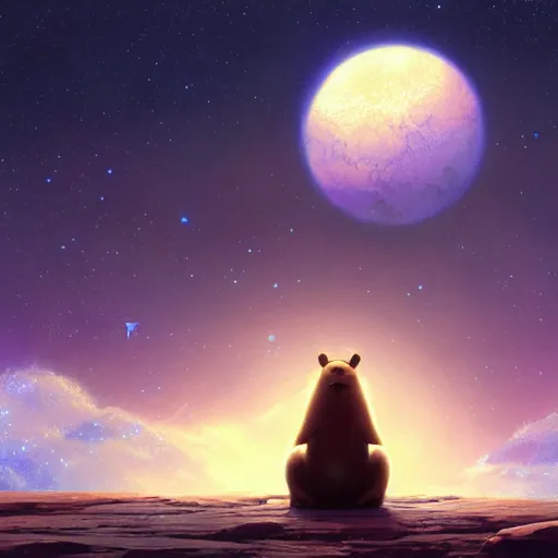 Prompt: A capybara sitting on planet earth in space with stars, by Makoto Shinkai and thomas kinkade, digital painting, Matte painting, trending on artstation and unreal engine