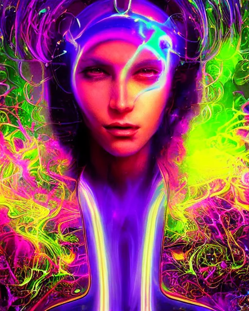 Image similar to a powerful energy psychedelic matrix priestess, by alexander fedosav, hyper detailed digital matte painting, concept art, hyperrealism, 1 6 k resolution, cinema 4 d, 8 k resolution, trending on artstation, behance hd, a masterpiece, by stephan martiniere, particles, cel - shaded, power bright neon energy, by david a. hardy,