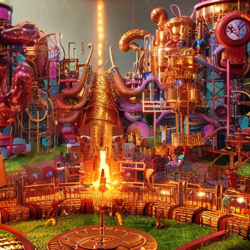 Image similar to willy wonkas chocolate factory set in hell epic scene, redshift render, cgi, hyper - detailed, photo - bash, 8 k post - production, masterpiece