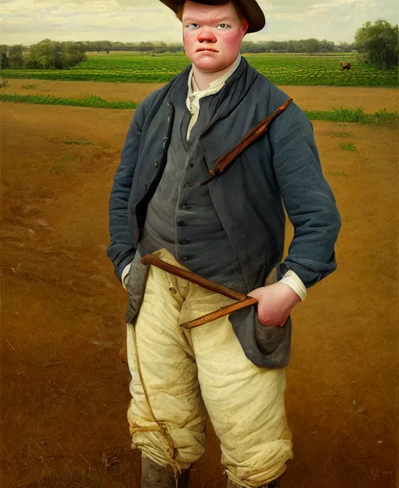 Image similar to portrait of jesse plemons as a farmer in louisiana, art by denys tsiperko and bogdan rezunenko and george caleb bingham, hyperrealism