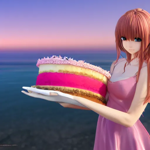 Image similar to Render of a beautiful 3d anime woman holding a birthday cake to show the camera, long light pink hair, full bangs, hazel eyes, cute freckles, full round face, smug smile, Chinese heritage, cute checkerboard sundress, golden hour, serene beach setting, medium shot, mid-shot, hyperdetailed, trending on Artstation, Unreal Engine 4k