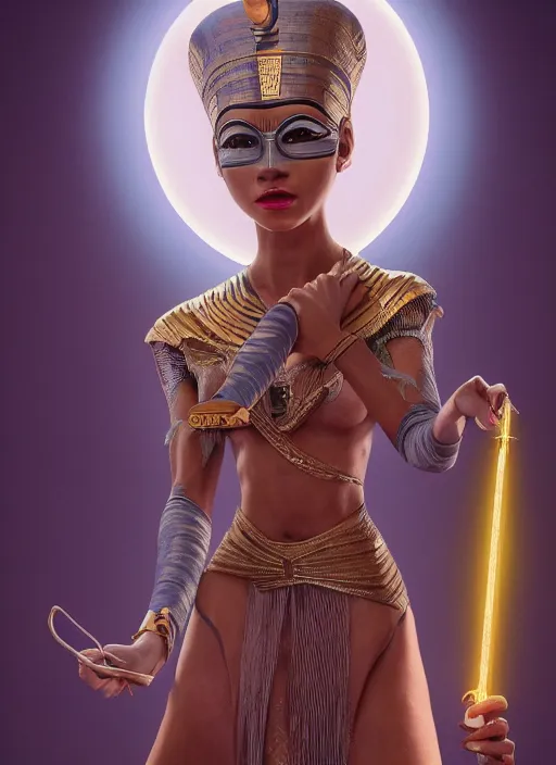 Image similar to an anthropomorphic beautiful female wizard of pharaoh holding magic wand portrait wearing robe, fine art, award winning, intricate, elegant, sharp focus, octane render, hyperrealistic, cinematic lighting, highly detailed, digital painting, 8 k concept art, art by jamie hewlett and z. w. gu, masterpiece, trending on artstation, 8 k