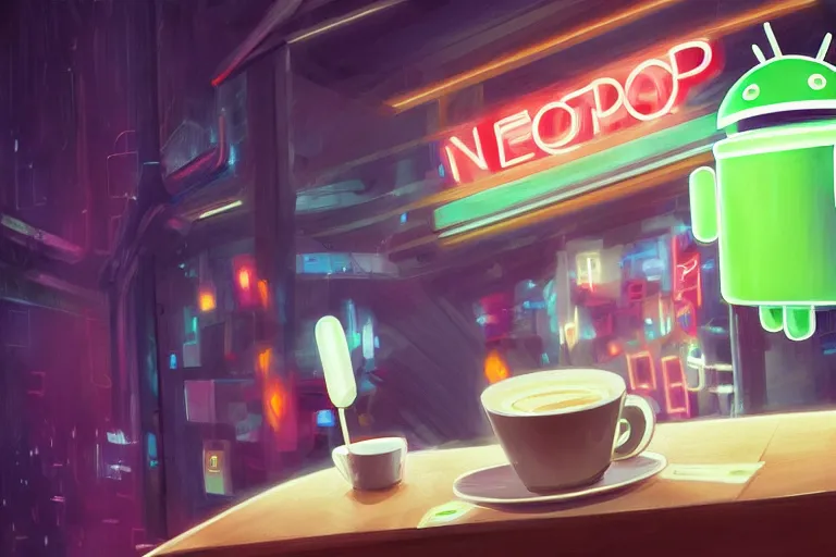 Image similar to An android with multiple arms having a cup of coffee outside a coffee shop in Japan, neon lights, digital painting, trending on artstation, deviantart, 8k, epic composition, intrinsic details, AAA graphics