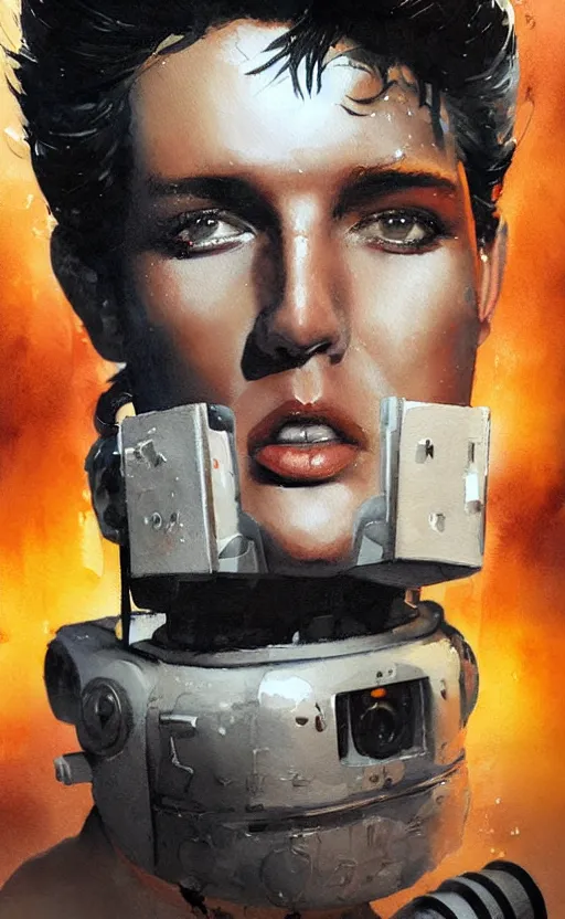 Image similar to a painting a robot with the face of a elvis presley trending on artstation in the style of greg rutkowski, 3 d, watercolor, beautiful, young, portrait