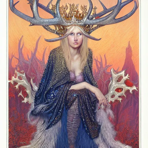 Image similar to a detailed portrait of a blonde haired blue eyed queen of glitter with an antler crown by wayne barlowe and mucha