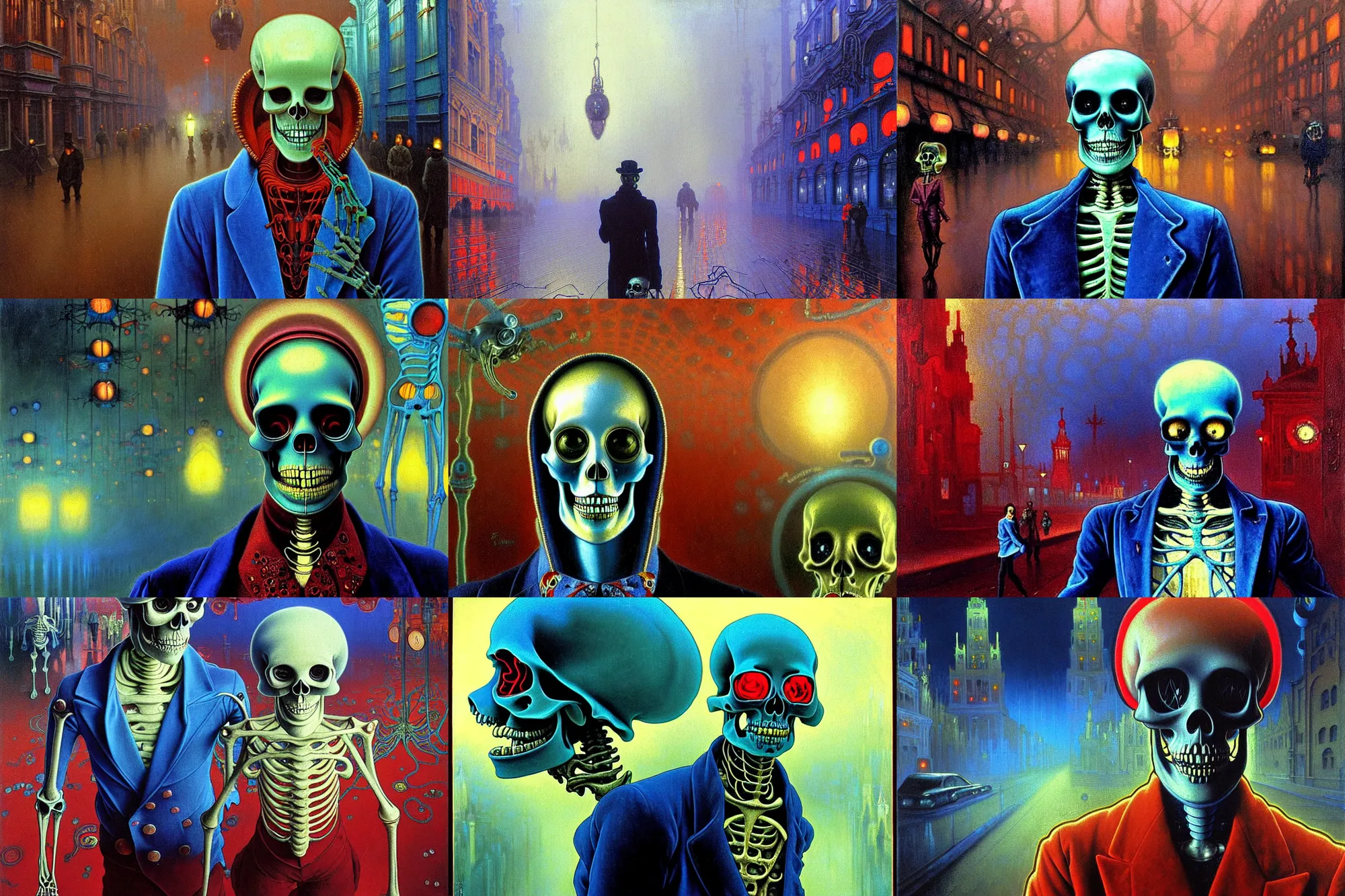 Prompt: realistic detailed closeup portrait painting of a single glowing blue sci fi skeleton wearing crimson velvet blazer in a foggy crowded futuristic moscow street by denis villenueve, amano, yves tanguy, alphonse mucha, ernst haeckel, ilya repin, edward robert hughes, andrei tarkovsky, roger dean, rich moody cold colours, closeup