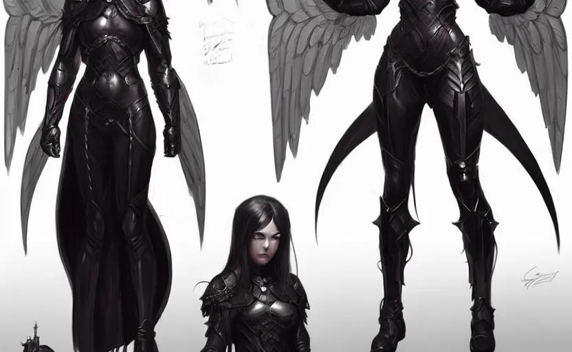 Image similar to Concept art character sheet of an Angel knight gothic girl, sci-fi, highly detailed, digital painting, artstation, concept art, smooth, sharp focus, illustration, art by artgerm and greg rutkowski and alphonse mucha