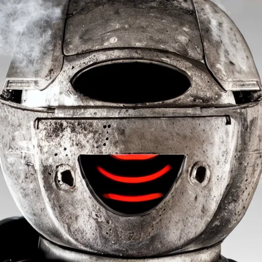 Prompt: the face of a burnt robot, blank round eyes, open mouth, charred husk