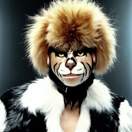 Image similar to 📷 john partridge playing rum tum tugger, spike collar, fluffy neck, cats the musical 🎶, 1 9 9 8 version, professional cat - like makeup