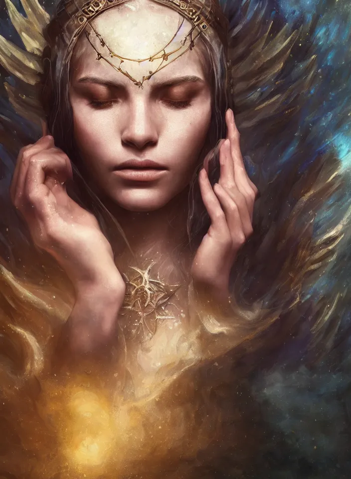 Prompt: a face portrait of a beautiful sorceress from skyrim casting a healing spell, fantasy setting, young face, serene colors, soft lighting, atmospheric, cinematic, moody, in the style of diego koi, gina heyer, luiz escanuela, art by alyssa monk, hyperrealism, rule of thirds, golden ratio, oil on canvas, 8 k
