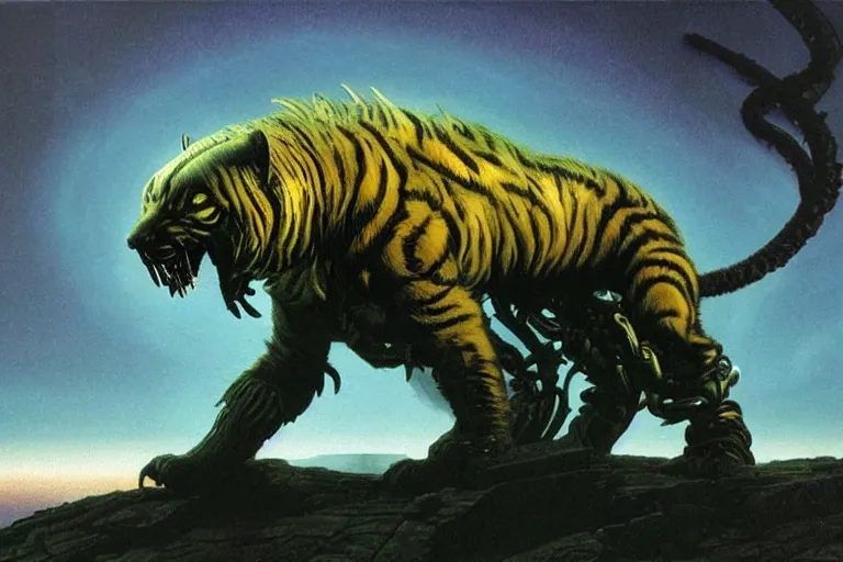 Prompt: cybernetic sabretooth panther, metallic, made of neon light, volumetric lighting, by caspar david friedrich and wayne barlowe and ted nasmith