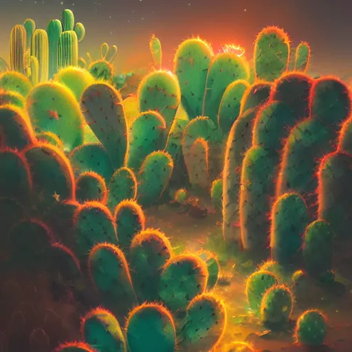 Prompt: glowing cacti, bioluminescent cactus flowers and succulents in the desert night. highly detailed, volumetric lighting, sharp focus, trending on art station, digital painting by wlop, rossdraws, artgerm