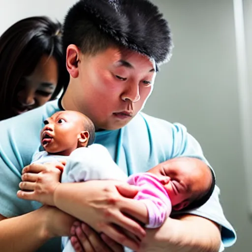 Image similar to a shocked, confused asian man holds african - american baby at the hospital
