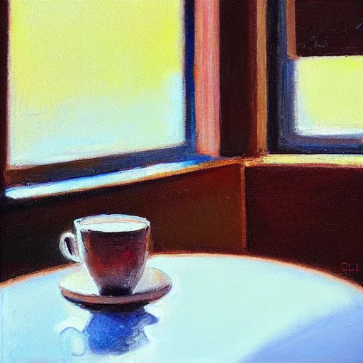 Prompt: a hot cup of coffee on a table by a window, painterly style by bill sienkeiwicz