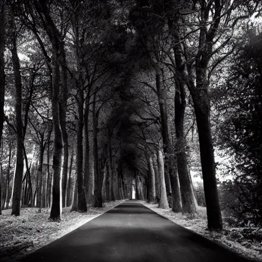 Prompt: A dark and scary street entering a forest, the sky is spiraling clouds and the trees encompass the street like a tunnel