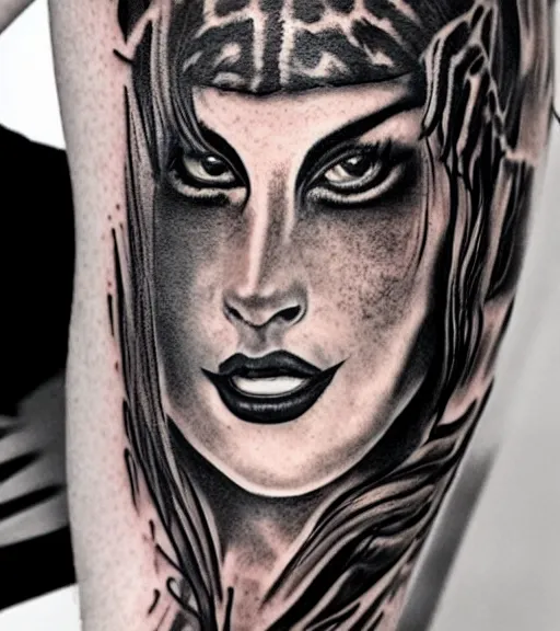 Image similar to tattoo design of a beautiful girl warrior under a tiger head, hyper realistic, realism tattoo, by eliot kohek, beautiful eyes, realistic face, black and white, white background