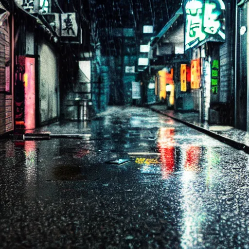 Image similar to a rainy cyuberpunk neo tokyo alley with a black cat sleeping on a piece of cardboard on the floor, photo, 4 k