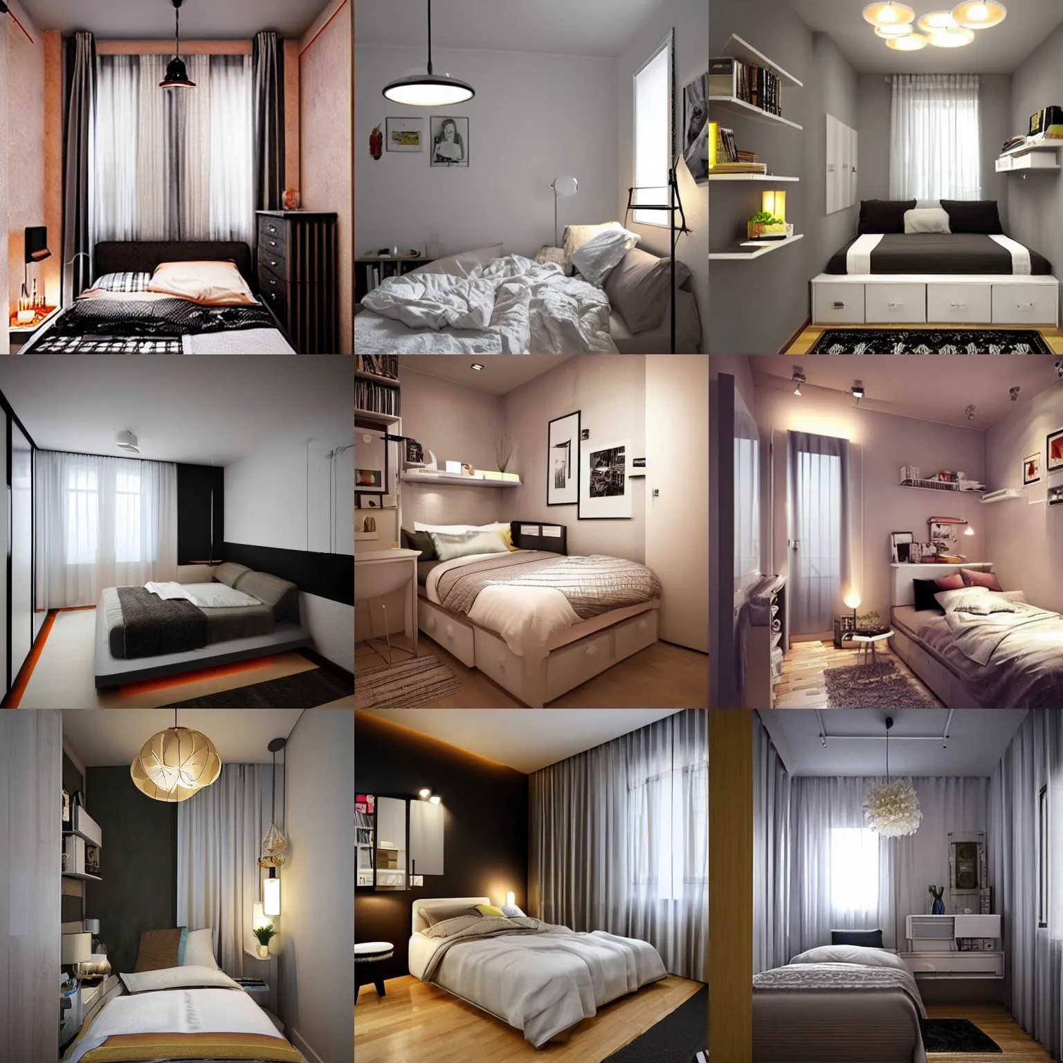 Prompt: ultra small apartment bedroom design, retro, lights, atmosphere