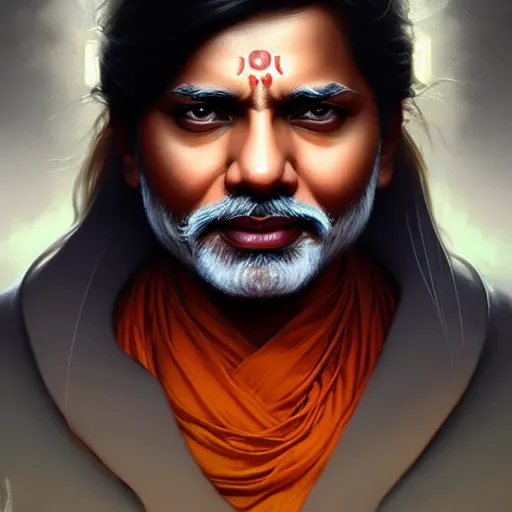 Image similar to Narendra Modi , colorful painting on grey scale face, powerful , magic, thunders, dramatic lighting, intricate, wild, highly detailed, digital painting, artstation, concept art, smooth, sharp focus, illustration, art by artgerm and greg rutkowski and alphonse mucha, footage